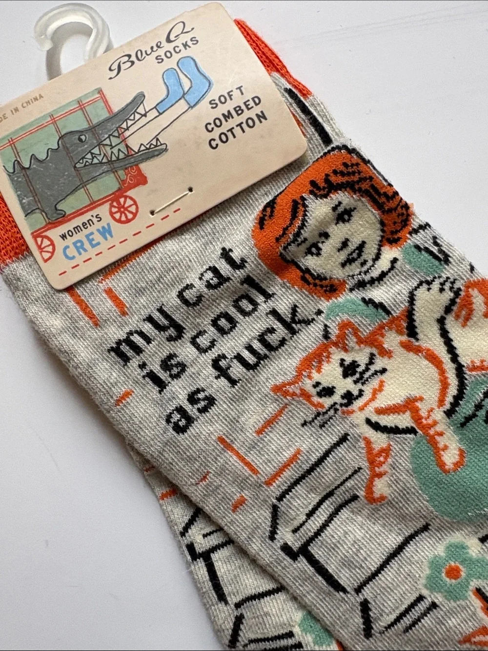 Blue Q Novelty Crew Socks - Heather Gray, Orange & Teal Cat Design